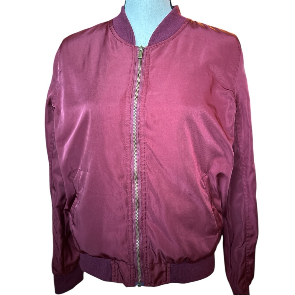 Blue Rain Maroon Satin Full Zip Bomber Jacket Y2K Streetwear | Large - Picture 2 of 9
